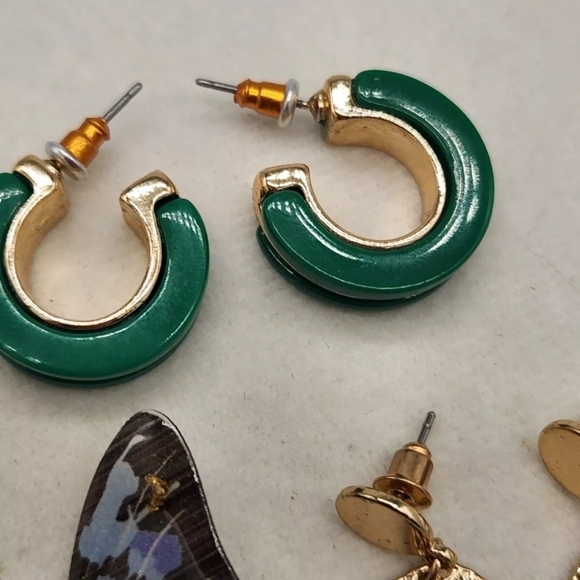 Lot Of 3 Pairs Bijou BRIGITTE Pierced Earrings Butterfly Gold Nugget Green Hoop - Picture 9 of 15